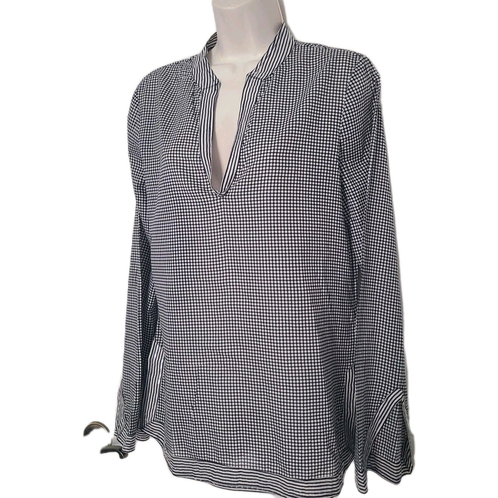 Tory Burch Top Tunic Navy White Sequin Split Neck Polka Dot Long Sleeve Size 8